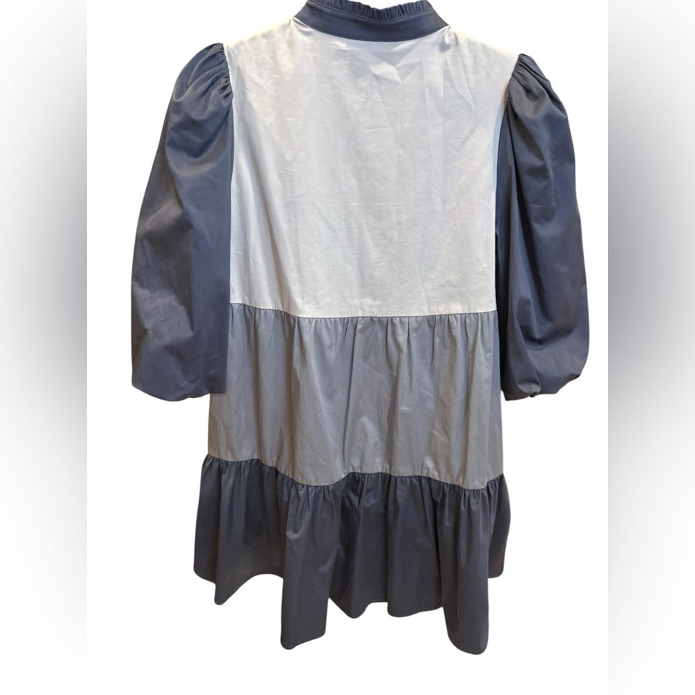 Emily McCarthy Poppy Dress Blue Colorblock Tiered Puff Sleeve Mini Dress XS - Picture 2 of 5